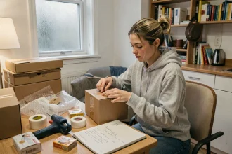 Étudiante emballant des colis depuis son appartement, travail à domicile emballage étudiant
