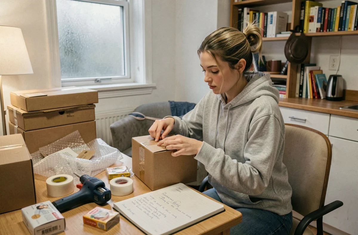 Étudiante emballant des colis depuis son appartement, travail à domicile emballage étudiant