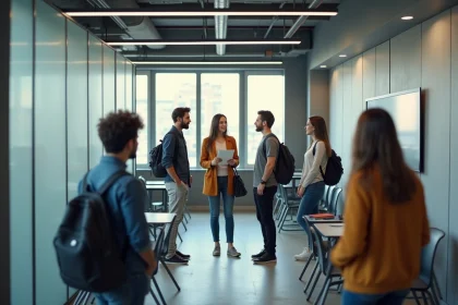 Groupe d'&eacute;tudiants et professeur dans une salle modulaire moderne