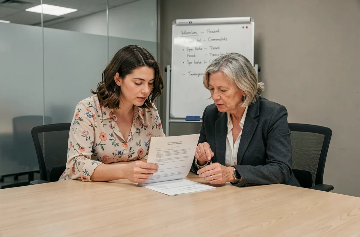 Deux collègues examinent ensemble un contrat de travail pour négocier un aménagement du temps partiel