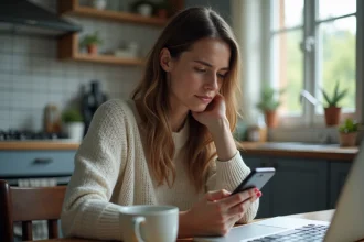 Femme anxieuse à la maison rédigeant un message à son employeur pour justifier une absence au travail
