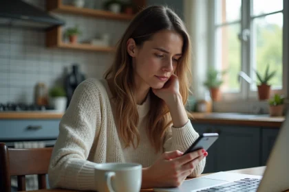 Femme anxieuse à la maison rédigeant un message à son employeur pour justifier une absence au travail