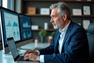 Cadre d'affaires en costume navy concentré sur un ordinateur