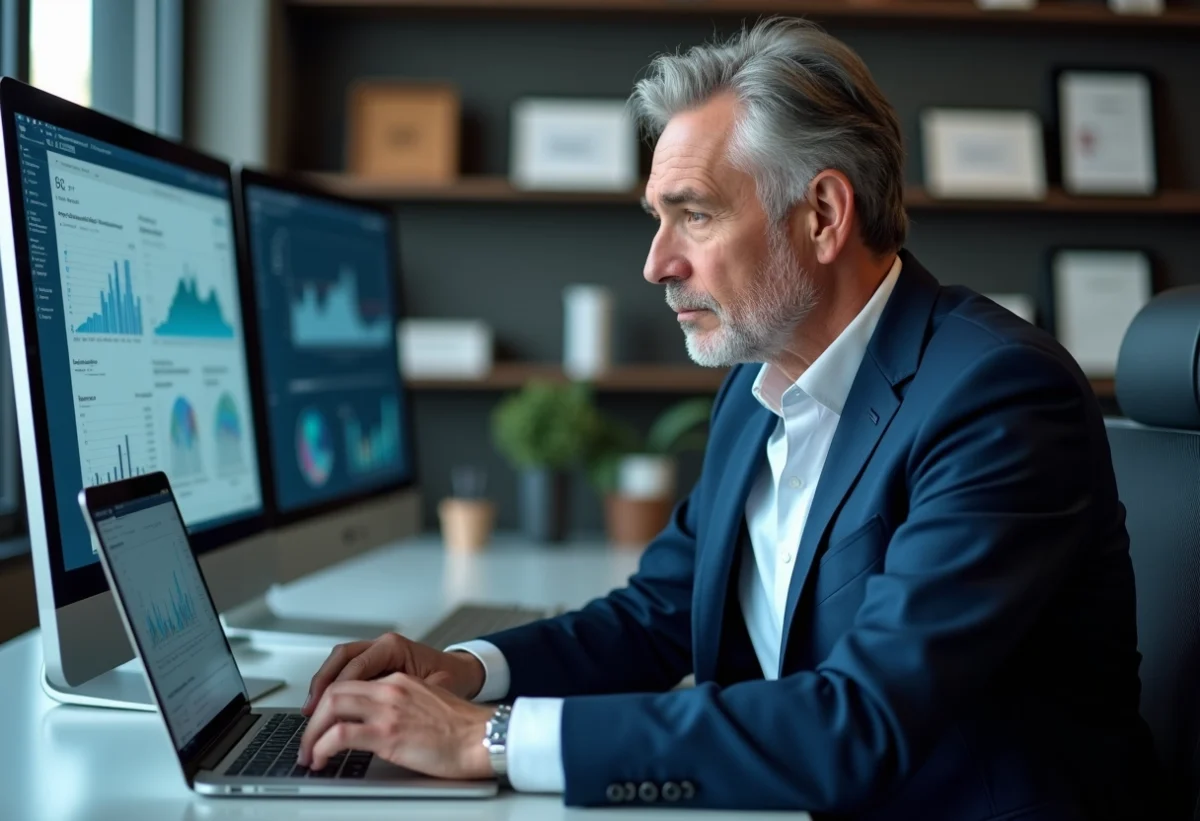 Cadre d'affaires en costume navy concentré sur un ordinateur