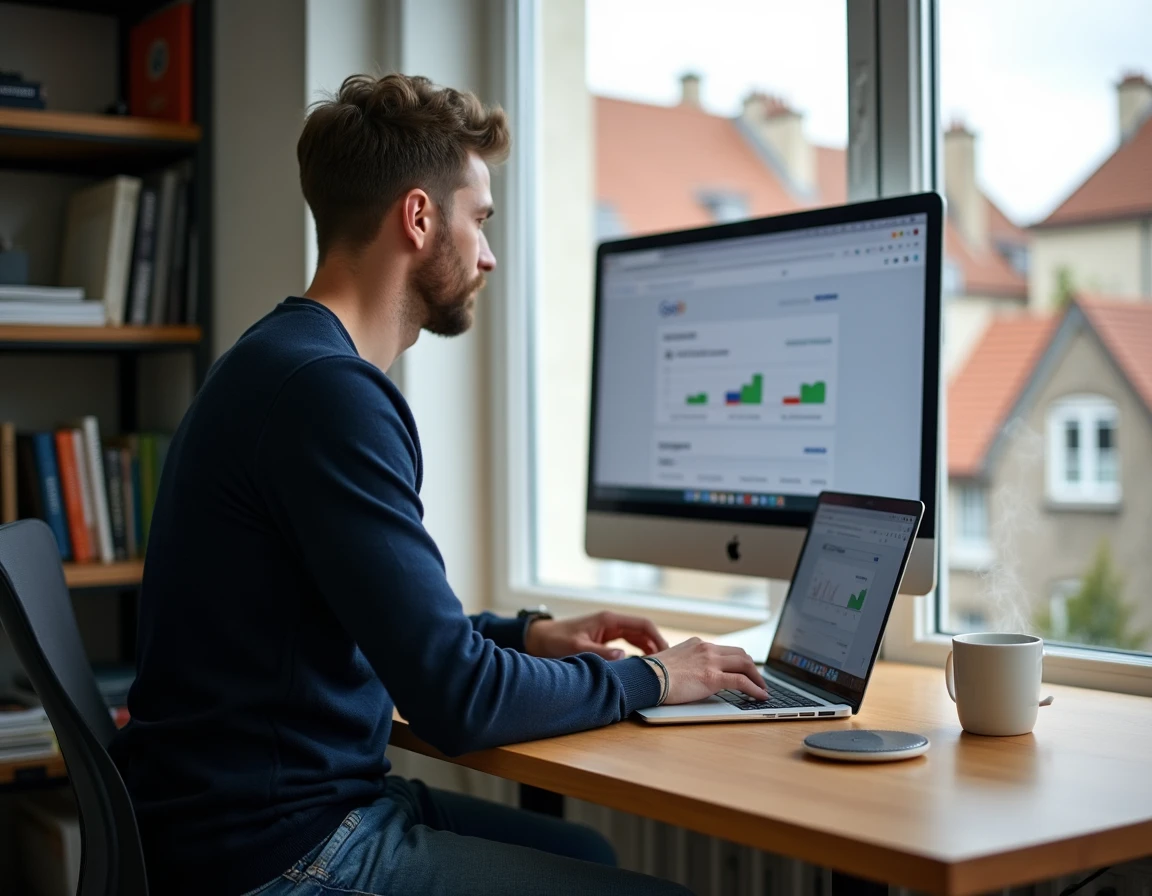Expert SEO indépendant à Rennes travaillant sur une stratégie de positionnement Google depuis son bureau personnel