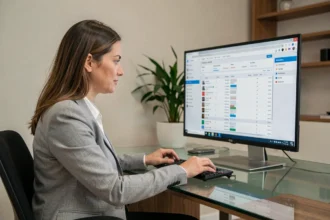 Professionnelle analysant un tableau de bord CRM sur écran d'ordinateur pour exporter des données au format CSV en marketing