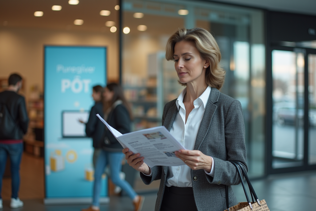 Femme d affaires lisant un flyer dans un grand magasin