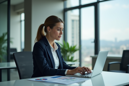Femme d'affaires analysant des graphiques de marché dans un bureau moderne