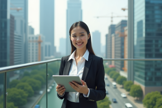 Jeune femme d'affaires avec tablette sur balcon urbain