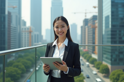 Jeune femme d'affaires avec tablette sur balcon urbain