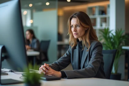 Femme d affaires en bureau moderne regardant l écran