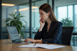 Femme d'affaires en réunion avec ordinateur et graphiques