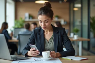 Femme d'affaires utilisant son smartphone au bureau