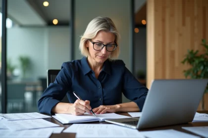 Femme en bureau avec calendrier et ordinateur