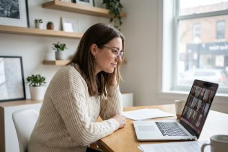 Jeune femme en réunion vidéo dans un bureau moderne