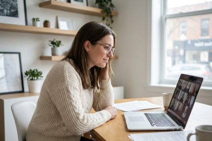 Jeune femme en réunion vidéo dans un bureau moderne
