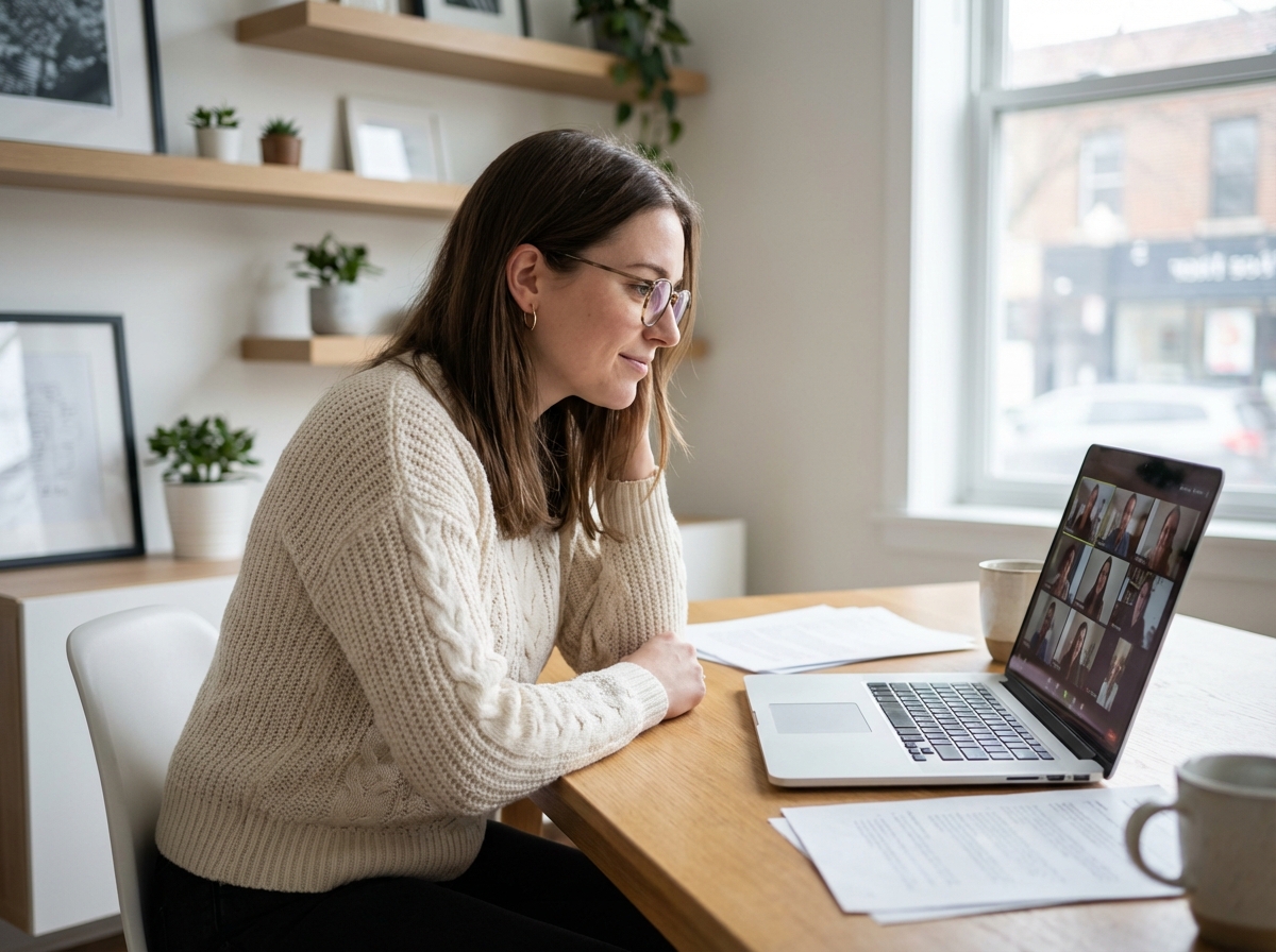 Jeune femme en réunion vidéo dans un bureau moderne