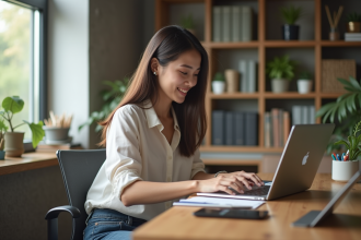 Jeune femme au bureau à domicile souriante et concentrée