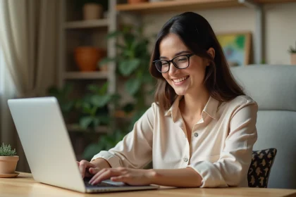 Femme souriante travaillant sur son ordinateur dans un bureau cosy