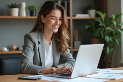 Jeune femme au bureau organisant ses documents et ordinateur