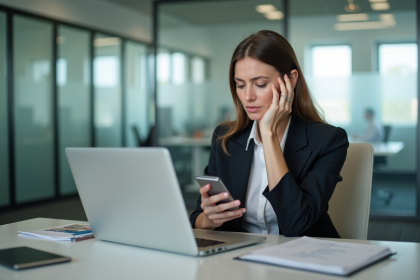 Femme d affaires au bureau avec ordinateur et smartphone