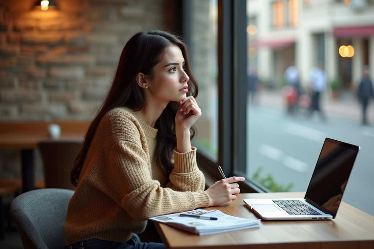 Jeune femme contemplative dans un café avec ordinateur fermé