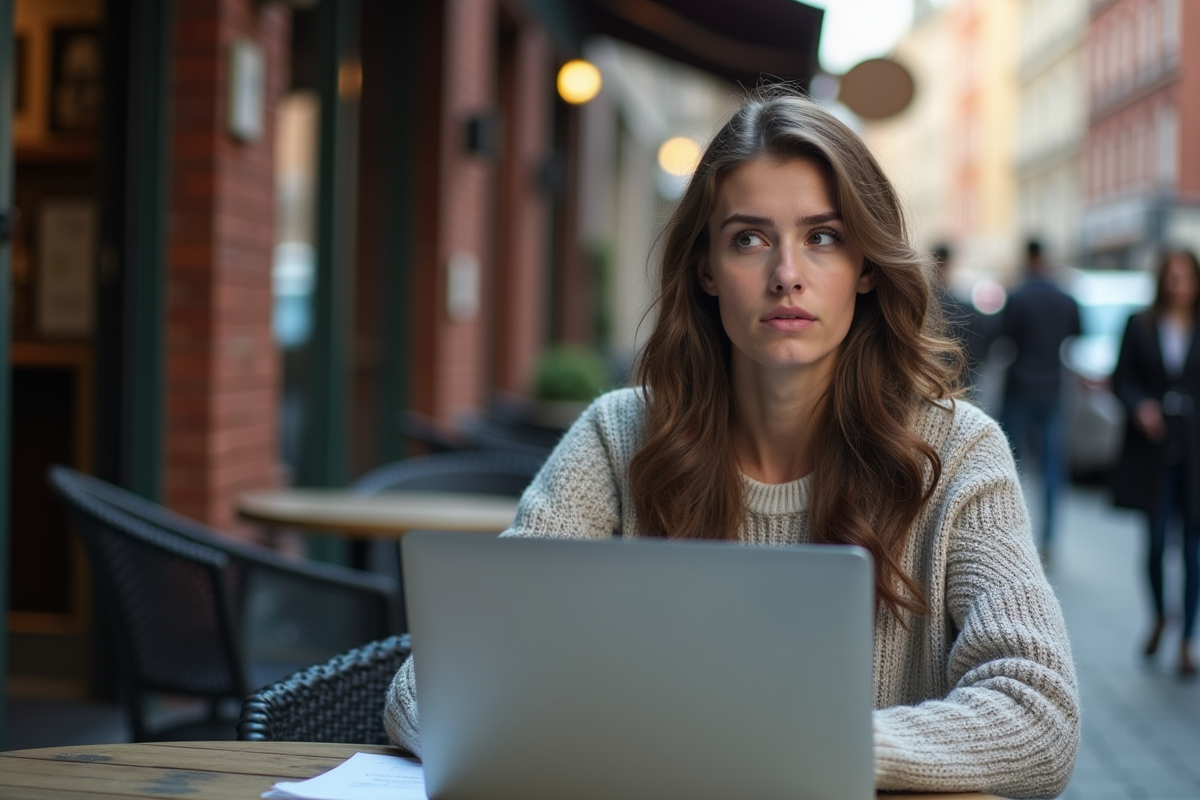 Jeune femme en ville réfléchissant dans un café animé