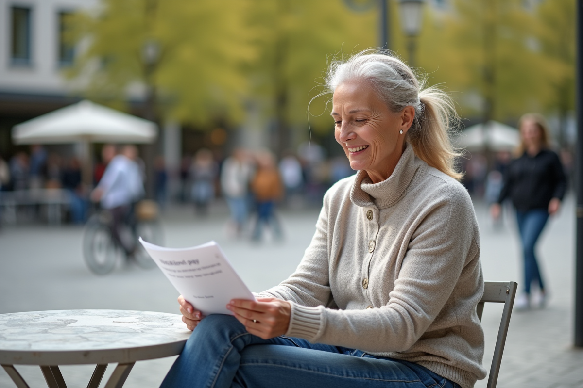 Femme détendue lisant une lettre de vacances au café