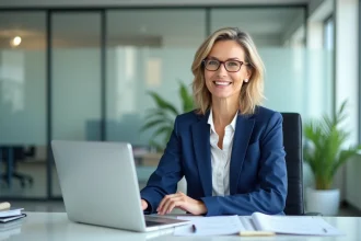Femme confiante en blazer bleu dans un bureau moderne