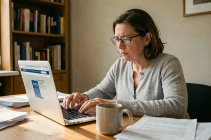 Femme consultant le site de La Poste sur son ordinateur portable pour trouver des alternatives après la fermeture du portail Portail-malin
