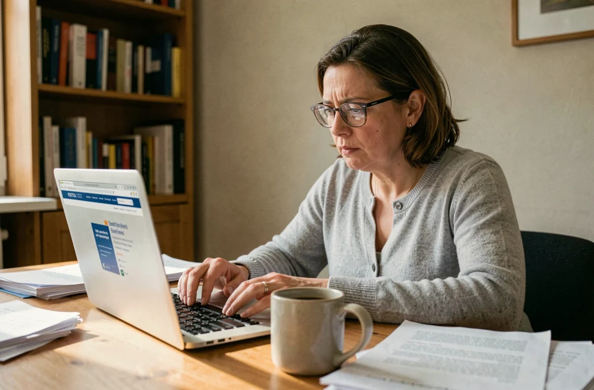 Femme consultant le site de La Poste sur son ordinateur portable pour trouver des alternatives après la fermeture du portail Portail-malin