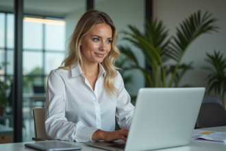 Jeune femme professionnelle travaillant sur un flyer numérique