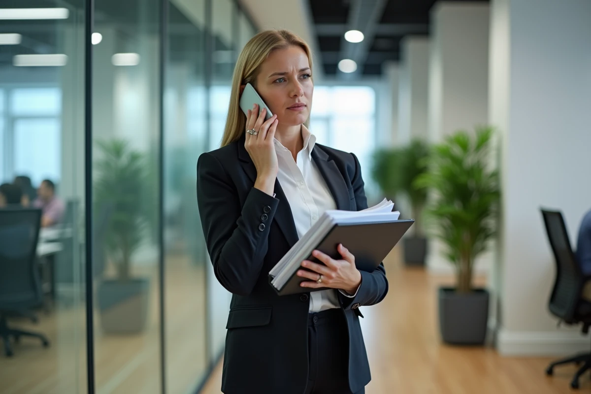 Femme dirigeante d'une holding au téléphone dans un couloir d'entreprise, tenant un dossier juridique sur la responsabilité des associés