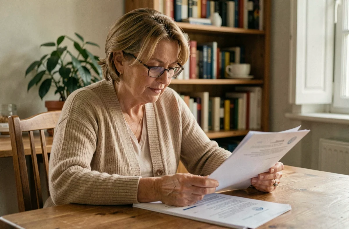Une femme d'une cinquantaine d'années consulte des documents administratifs relatifs à l'allocation DEF Acre à son domicile