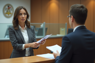 Femme d'affaires remettant des documents à la mairie