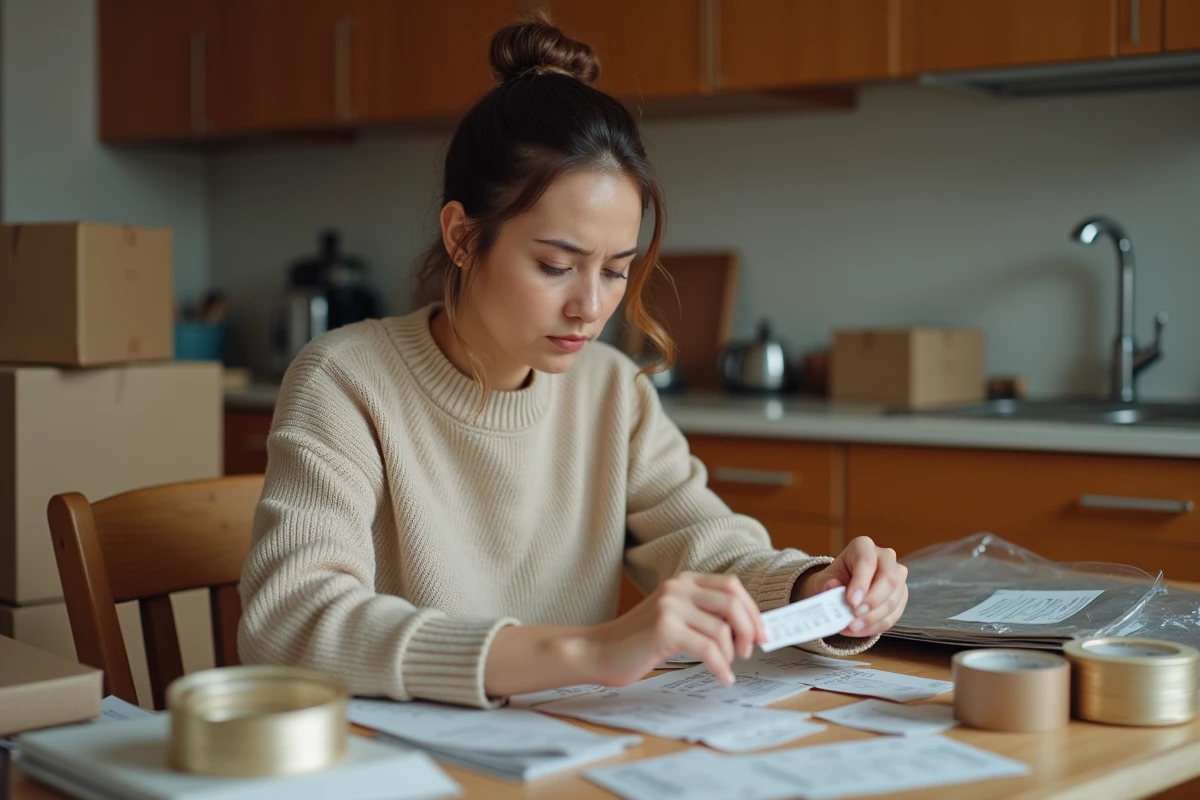 Femme emballant des échantillons de produits à domicile dans sa cuisine, travail à domicile rentabilité