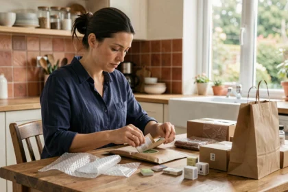 Femme travaillant à domicile en emballant des échantillons de produits dans une enveloppe rembourrée sur une table en bois