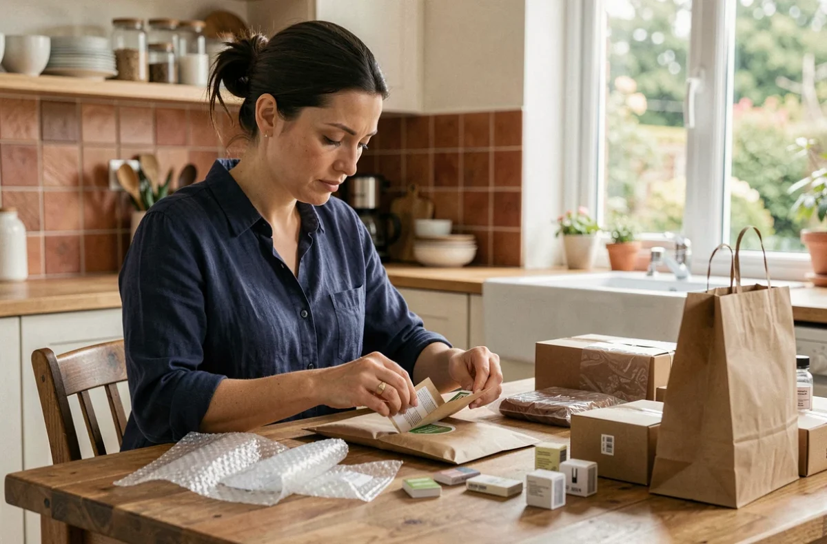 Femme travaillant à domicile en emballant des échantillons de produits dans une enveloppe rembourrée sur une table en bois