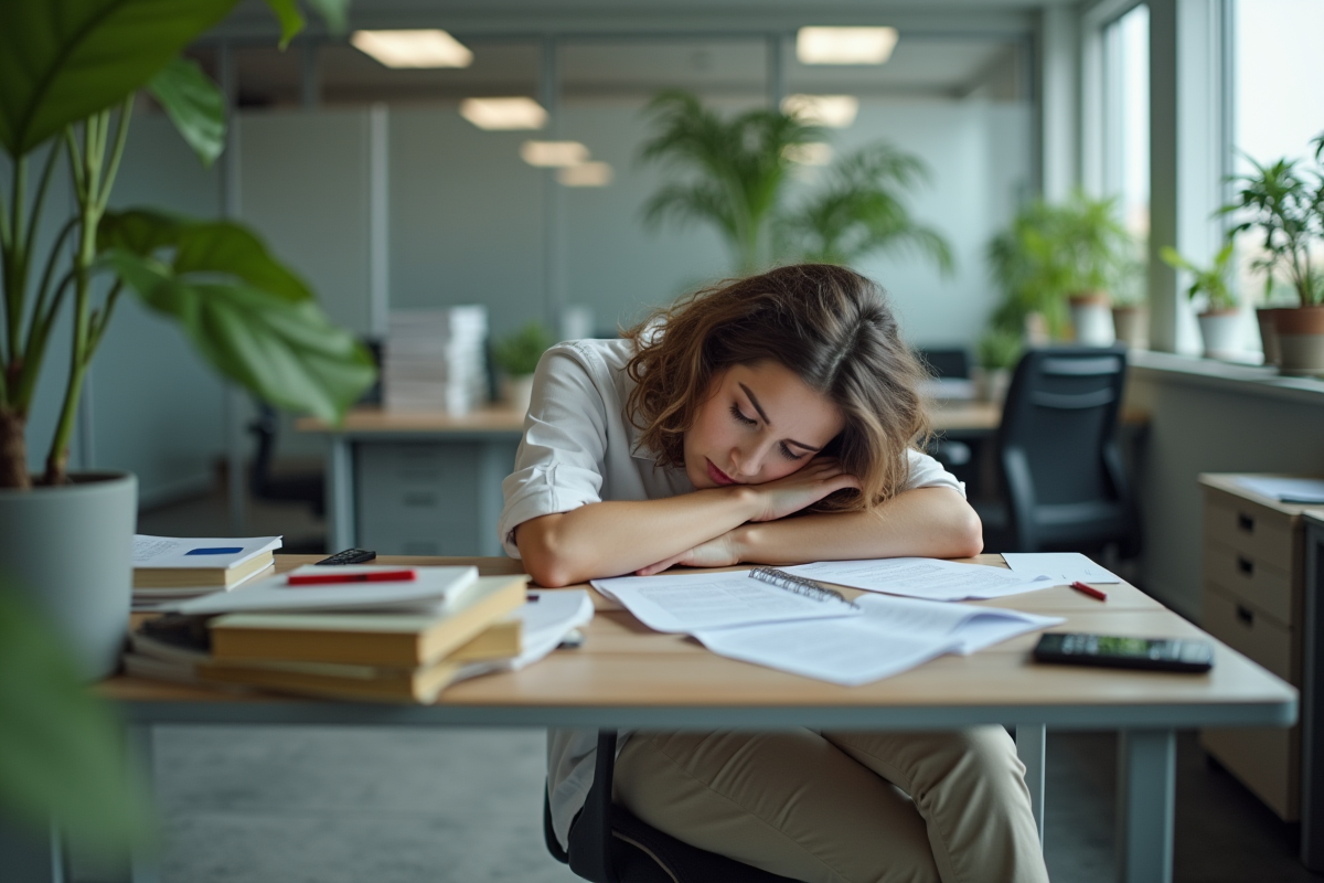 Jeune femme fatiguée assise à un bureau encombré