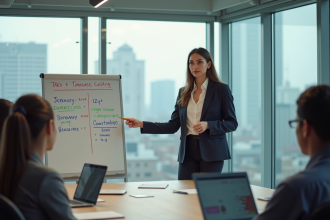 Femme en réunion d'équipe dans un bureau moderne