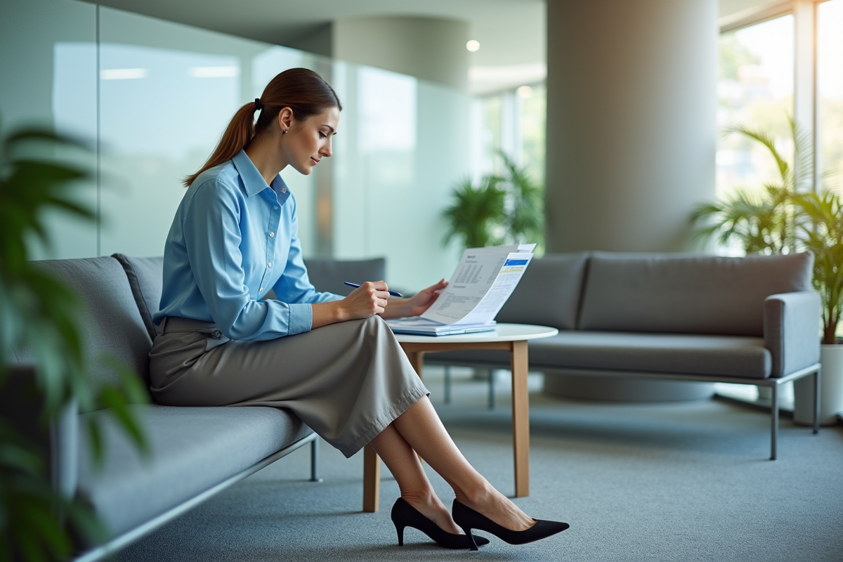 Femme en blouse bleue vérifiant une facture dans un espace d