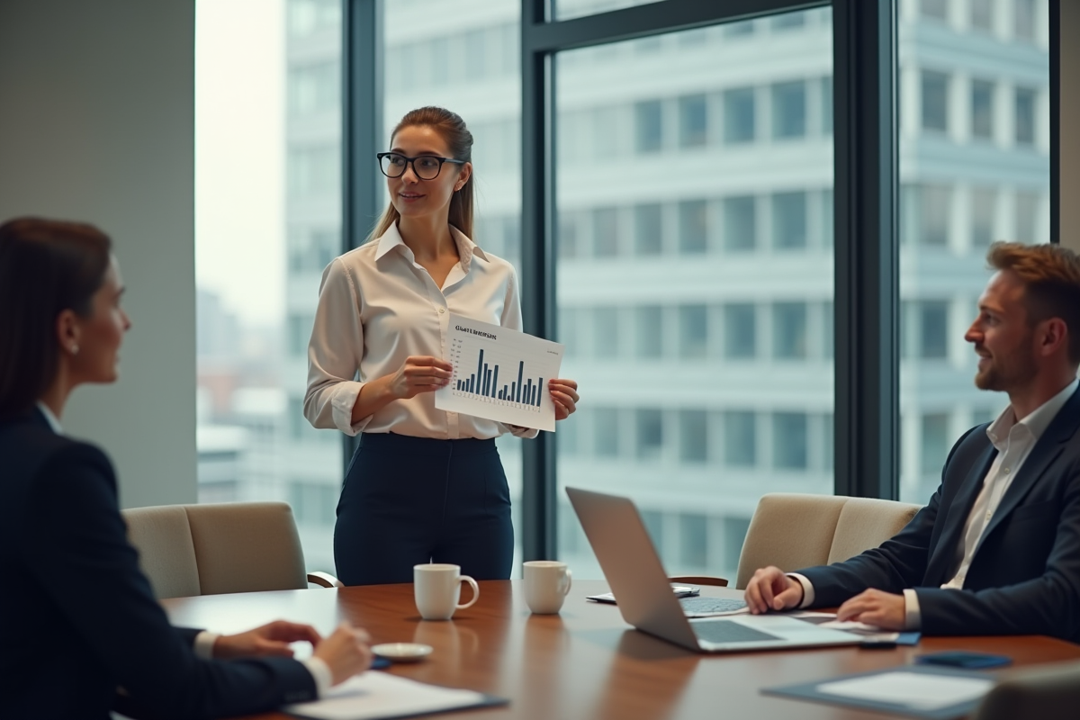 Femme présentant un graphique de revenus publicitaires en réunion
