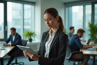Femme professionnelle en bureau moderne avec tablette