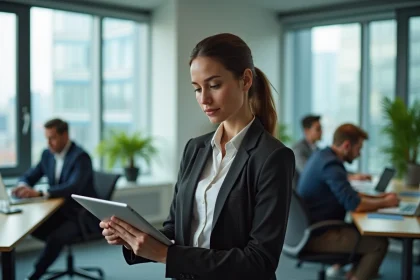 Femme professionnelle en bureau moderne avec tablette