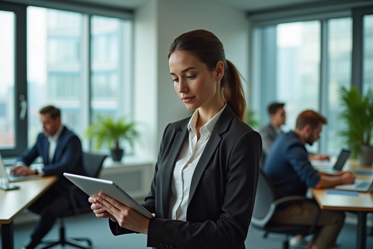 Femme professionnelle en bureau moderne avec tablette