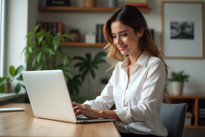 Femme professionnelle au bureau avec ordinateur portable