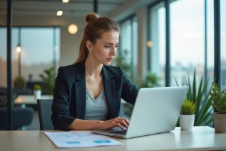 Jeune femme professionnelle travaillant sur un ordinateur à Lyon