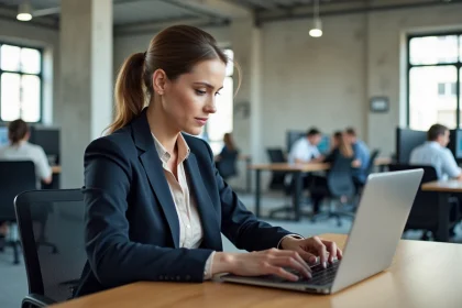 Femme professionnelle utilisant Mistral Le Chat sur un ordinateur portable dans un bureau parisien moderne