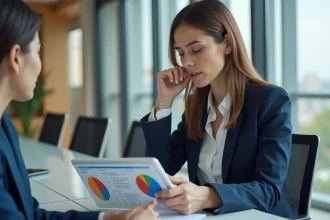 Femme professionnelle en réunion avec graphiques numériques