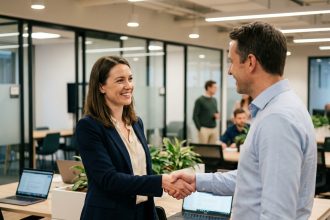 Femme d'affaires serrant la main dans un bureau moderne